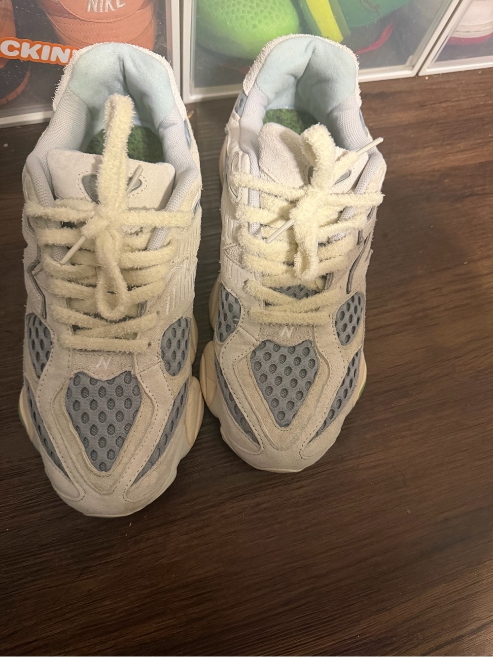 9060  Neutral Beige and Light Blue Athletic Sneakers
